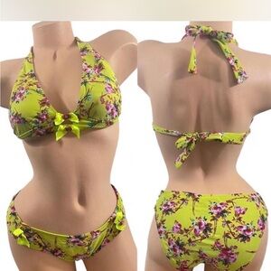 Betsey Johnson Bikini Vintage Retro Vibrant Floral Bows Roses Rhinestones M/L